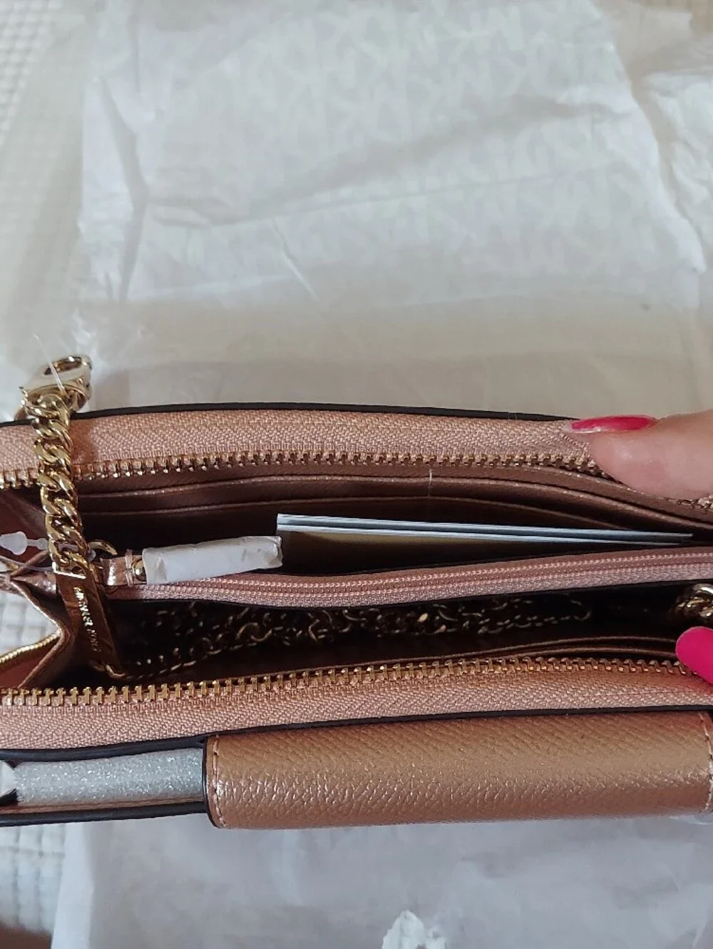 Michael Kors Tan Shimmer Phone Wallet/Small Crossbody with Gold MK Emblem